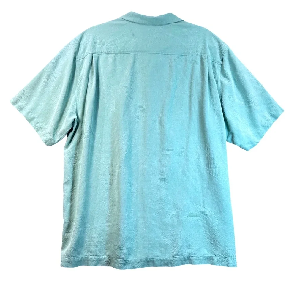 Tommy Bahama Mens XL‎ Silk Camp Shirt Aqua Blue Floral Jacquard Short Sleeve